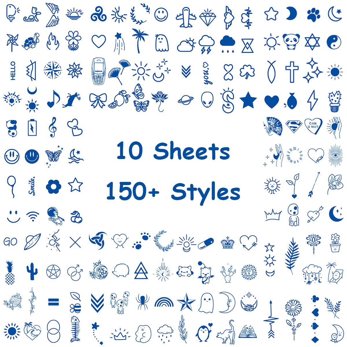 Temporary Tattoos, Semi Permanent Fake Tattoo, Realistic, 1-2 weeks Long Lasting, Waterproof Temp Tattoo for Teen Girl Adult Women, 10 Sheets Tiny Small Stickers with Plant Based Ink, Blue A