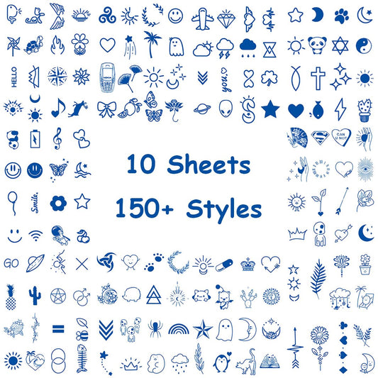 Temporary Tattoos, Semi Permanent Fake Tattoo, Realistic, 1-2 weeks Long Lasting, Waterproof Temp Tattoo for Teen Girl Adult Women, 10 Sheets Tiny Small Stickers with Plant Based Ink, Blue A