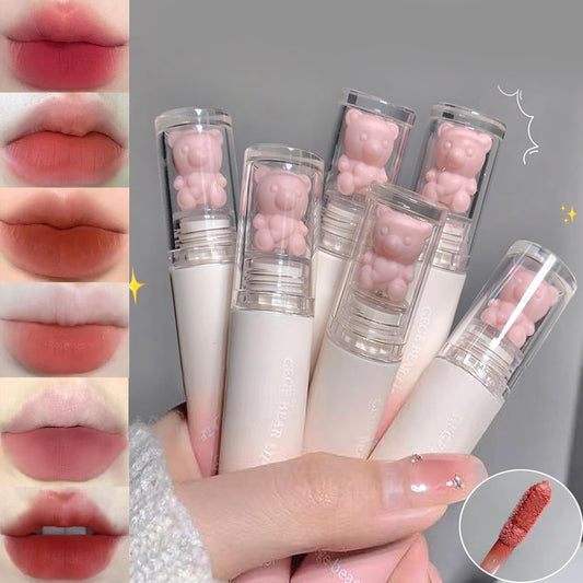 6 Colors Cute Bear Matte Liquid Lipstick Set, Pink Bear Lip Glaze Matte Lip Gloss Long Lasting Waterproof Smooth Lip Gloss Lip Glaze Mud Texture Lightweight High Pigment Color Cute Makeup for Women