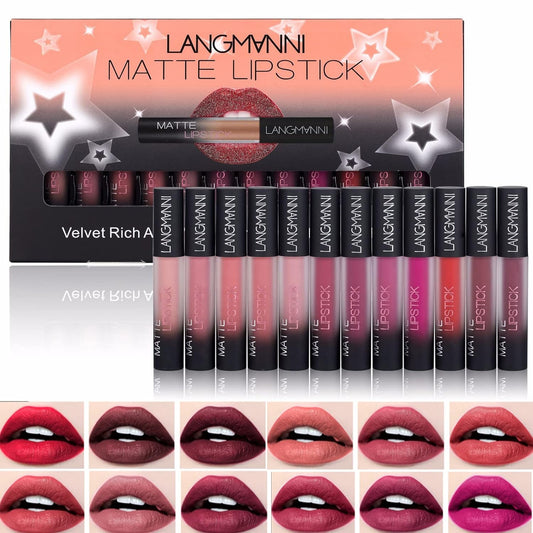 Matte Lip Gloss, 12 Colors Lift Lip Glosses, Velvet Matte Lip Glaze Sexy Red Lipstick - WaterProof No Dry Long Lasting Full Cover High Pigmented Lipstick- Pefect Makeup Gift for Women - D