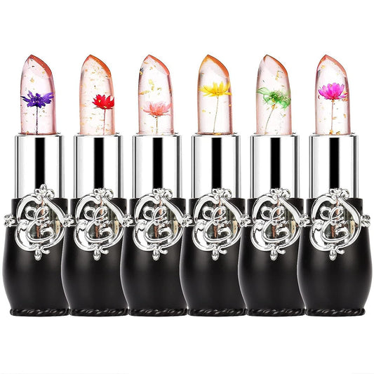 firstfly Pack of 6 Crystal Flower Jelly Lipstick, Long Lasting Nutritious Lip Balm Lips Moisturizer Magic Temperature Color Change Lip Gloss (Black)