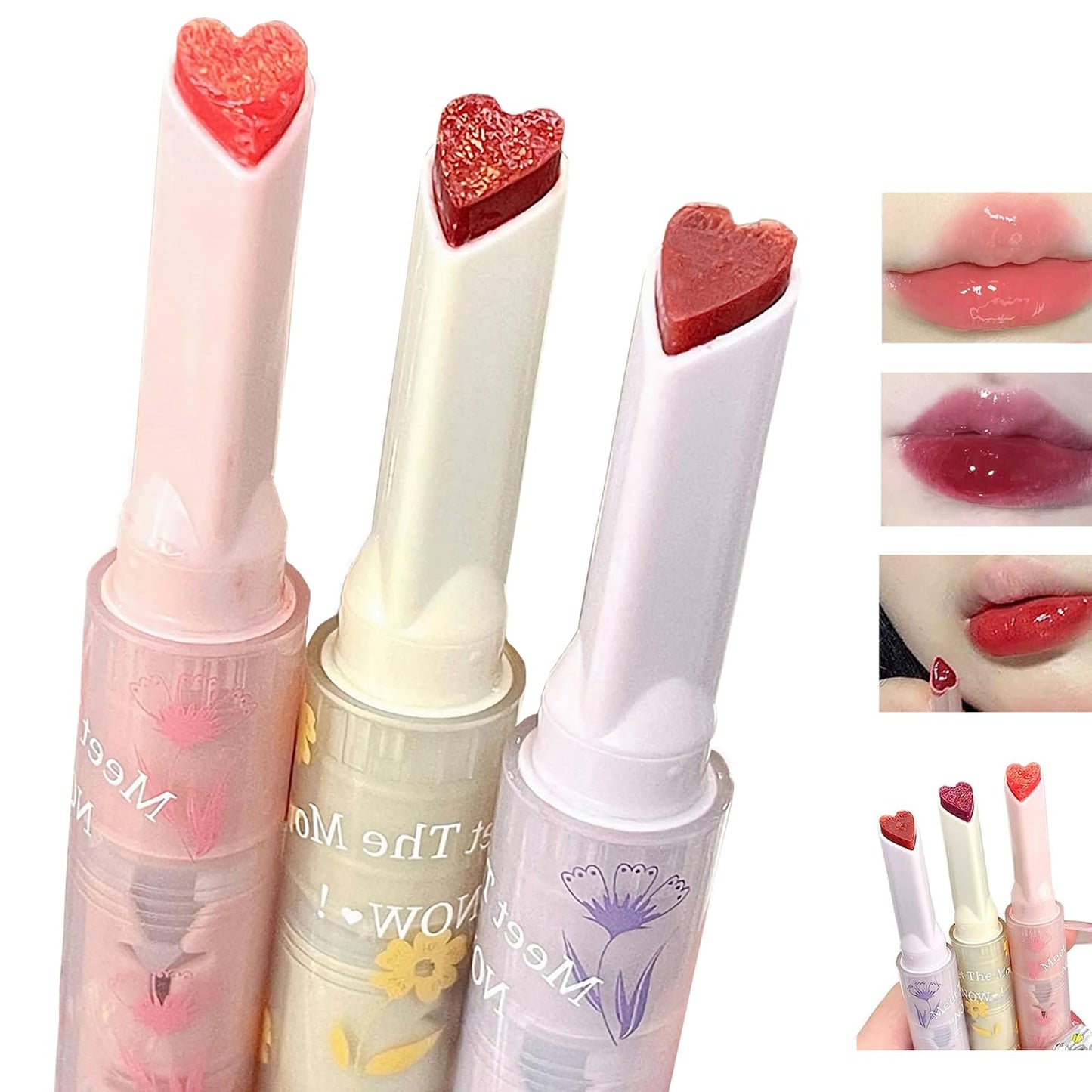 3 Colors Jelly Lipstick,Tinted Jelly Lip Gloss Heart Shape Lip Stain,Mirror Hydrating Jelly Lip Balm,Moisturizing Heart Lipstick,Non-Sticky,Vivid Color Glossy Lip Gloss Lip Makeup