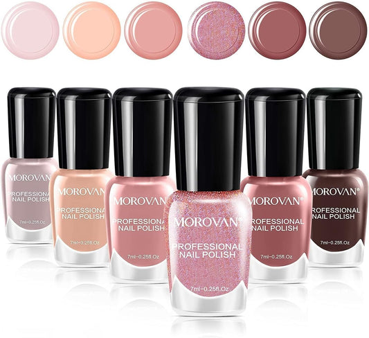 Morovan Fingernail Nail Polish Set: Nude Pink Air Dry Regular Nail Polish Pack 0.25oz Glitter Finger Nail Polish Bulk Glossy Toenail Polish Kit Gift for Women
