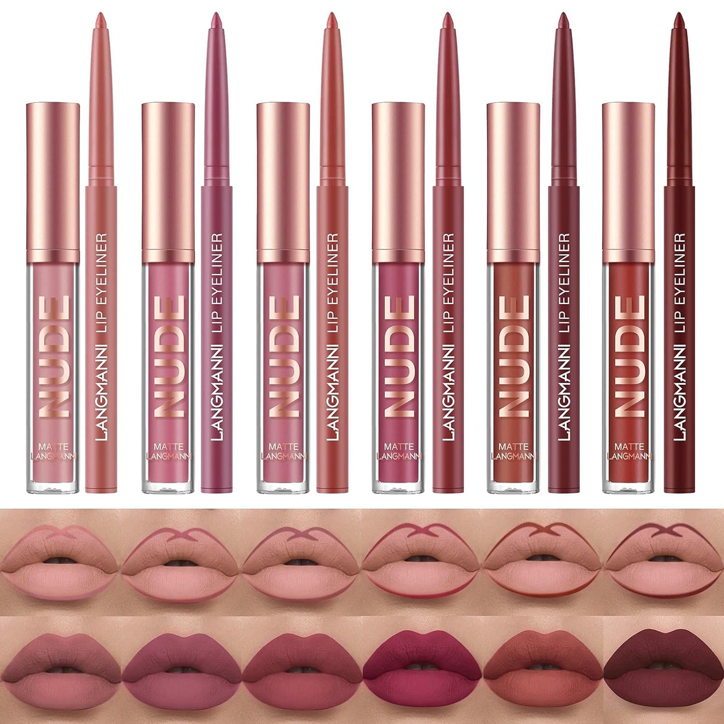 URQT 12pcs Lip Liner and Lipstick Set, 6 Velvety Matte Liquid Lipsticks + 6 Matching Smooth Lip Liner One Step Lips Long Lasting Waterproof Makeup Kits Gift Set