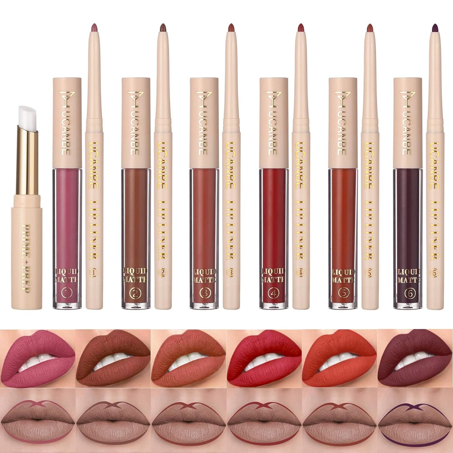 UCANBE 13pcs Lipstick Makeup Kit, 6 Matte Liquid Lip Sticks + 6 Lip Liner Pens + 1 Lip Primer, LADY'S NIGHT All in One Waterproof Long Lasting Lips Color Gloss Make up Gift Set
