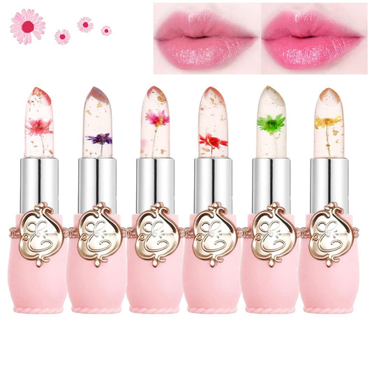 Clear Flower Jelly Lipstick, 6 Packs Nutritious Moisturizer Lip Balm Temperature Color Change Lipstick Matte Long Lasting Lip Gloss (Pink)