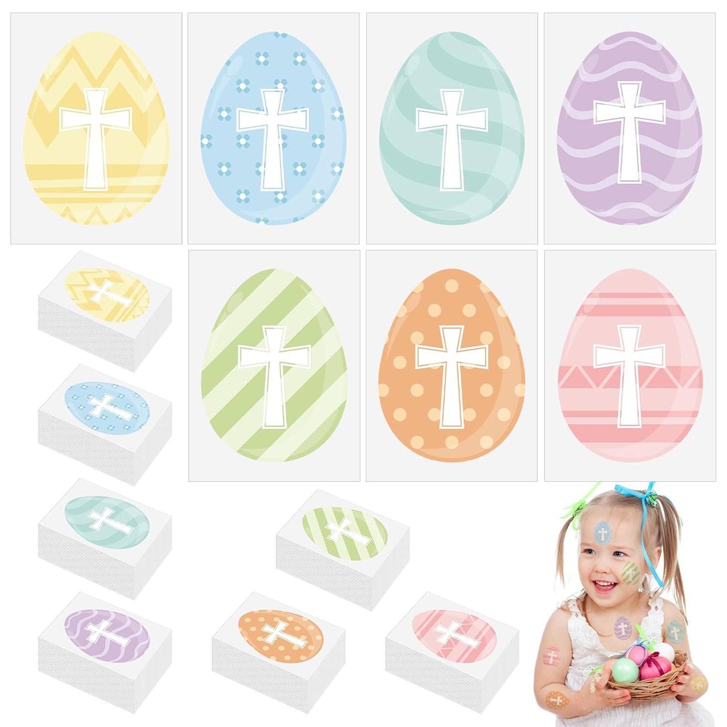 210 Pcs Easter Temporary Tattoos Egg Cross Easter Tattoos for Kids Cute Religious Christian Tattoos Stickers for Girl Boy Body Face Easter Basket Stuffers Party Supplies