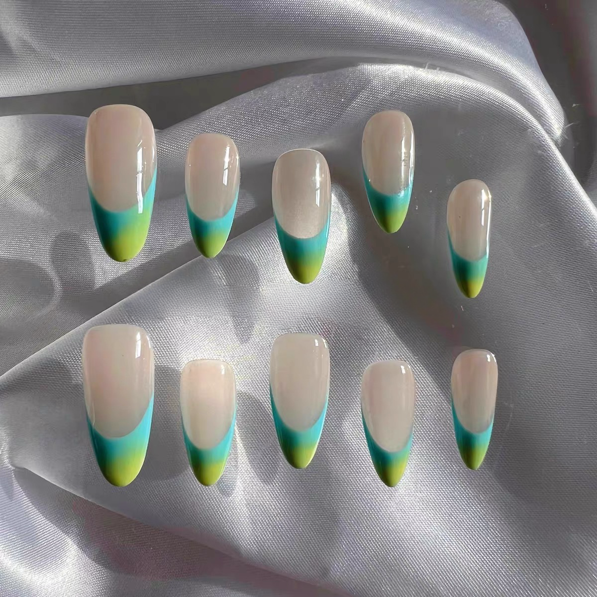 Ocean Blue Handcrafted Custom Almond French-style Wearable Nails