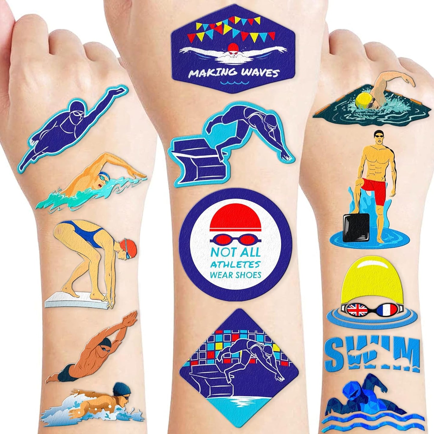 91PCS Swimming Swim Team Temporary Tattoos Stickers Making Waves Birthday Party Decorations Favors Supplies Decor Cool Summer Pool Sport Tattoo Gifts For Swimmer Kids Boys Girls School Prizes Carnival