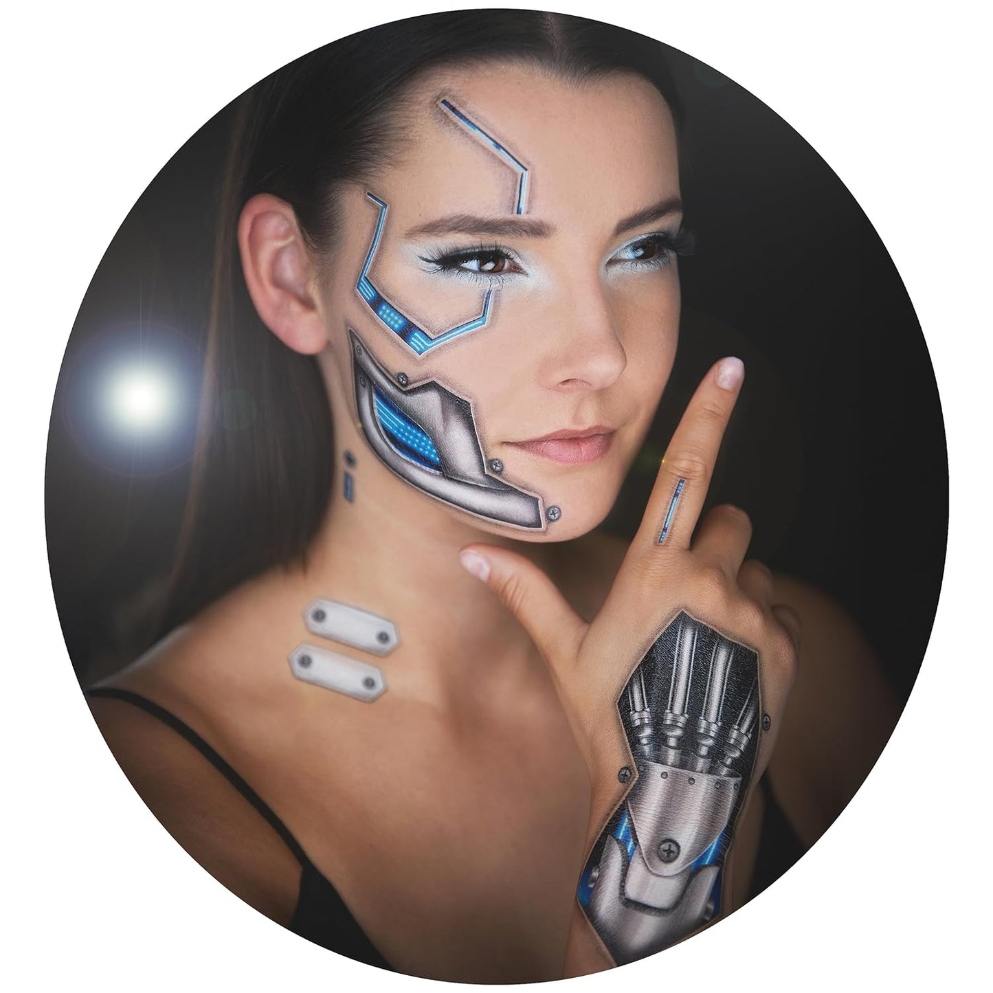 2 x Death Metal Cyborg Face Temporary Tattoo, Cyberpunk, KI