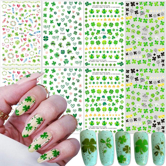 8PCS St. Patrick's Day Nail Art Stickers -Green Four-leaf Clover Leaf Nail Decals 3D Self Adhesive Luck of Irish Clover Nail Supplies Spring Summer Shamrock Design for St. Patrick's Day DIY Nail Decor