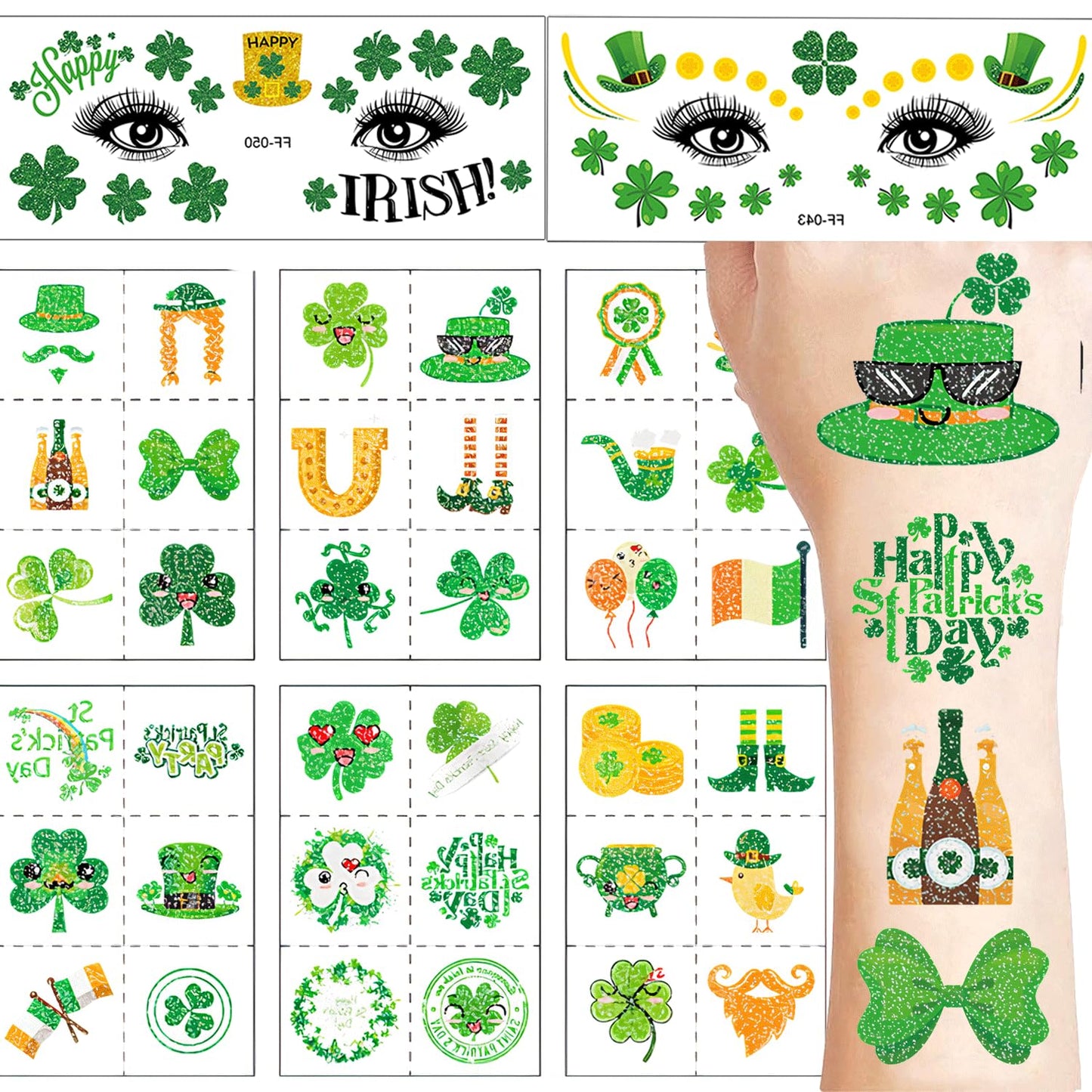 18 sheets St Patricks Day Glitter Tattoos for Adults Kids, St Patricks Day Tattoos Face Body Eyes, St Patricks Day Face Stickers, Shamrock Clover Tattoos, Saint Patricks Day Face Gems Accessories