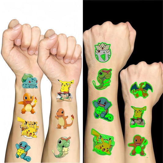 8 Sheets Cartoon Temporary Tattoos for Kids，Anime Themed Glow Luminous Tattoo Stickers Birthday Party Supplies Decorations for Kids Party Favors Gifts 166Pcs