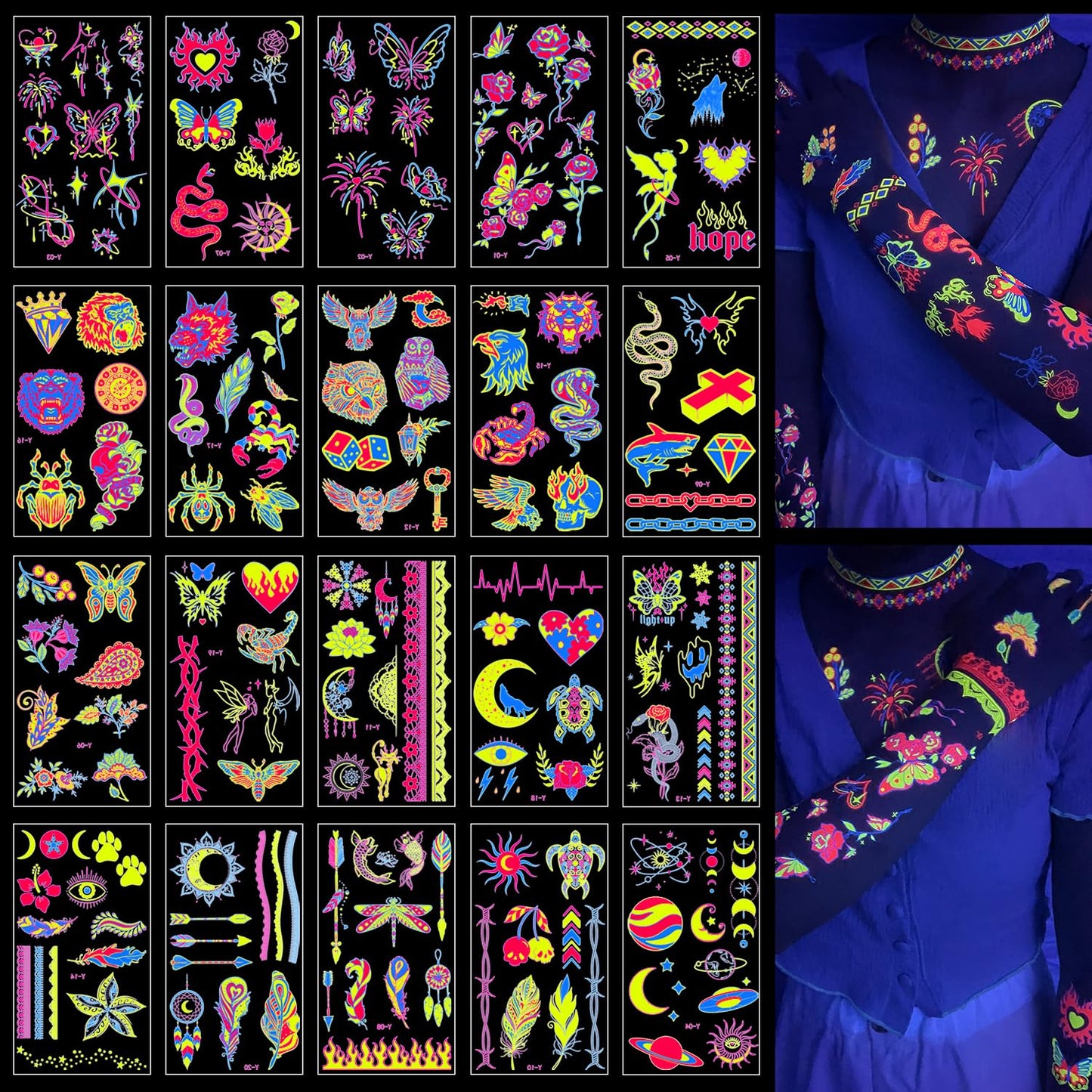 Glow In The Dark Party Supplies -182 Styles Neon Body Paint Accessories Blacklight Temporary Tattoo For Kids Fluorescent Face Fake tattoos Fiesta Rave Festival Decorations,20Sheet - TATUWST