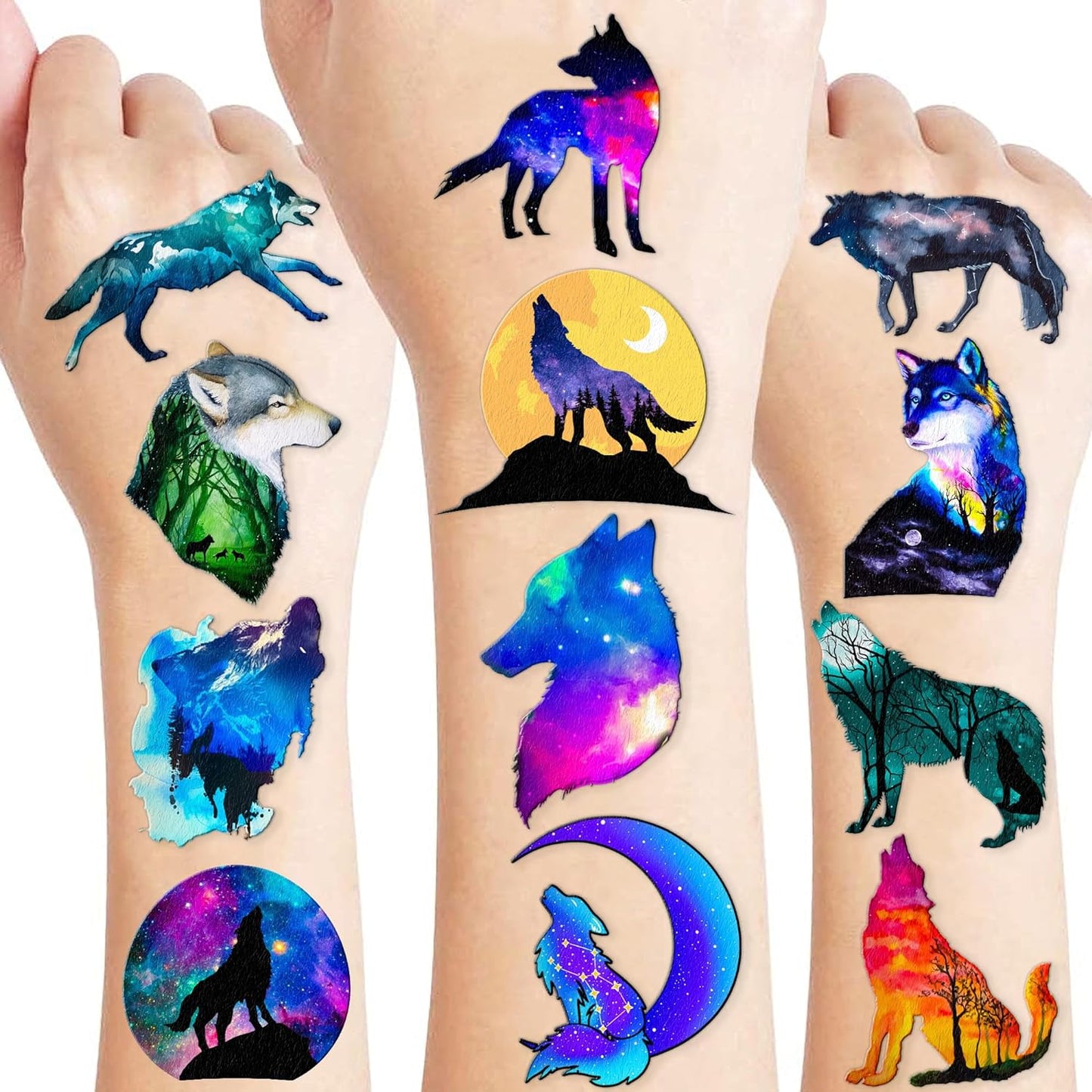 89PCS Galaxy Wolf Temporary Tattoos Themed Birthday Party Decorations Favors Supplies Decor Cool Starry Sky Wild Wolve Animals Tattoo Stickers Gifts For Kids Adults Boys Girls School Prizes Carnival
