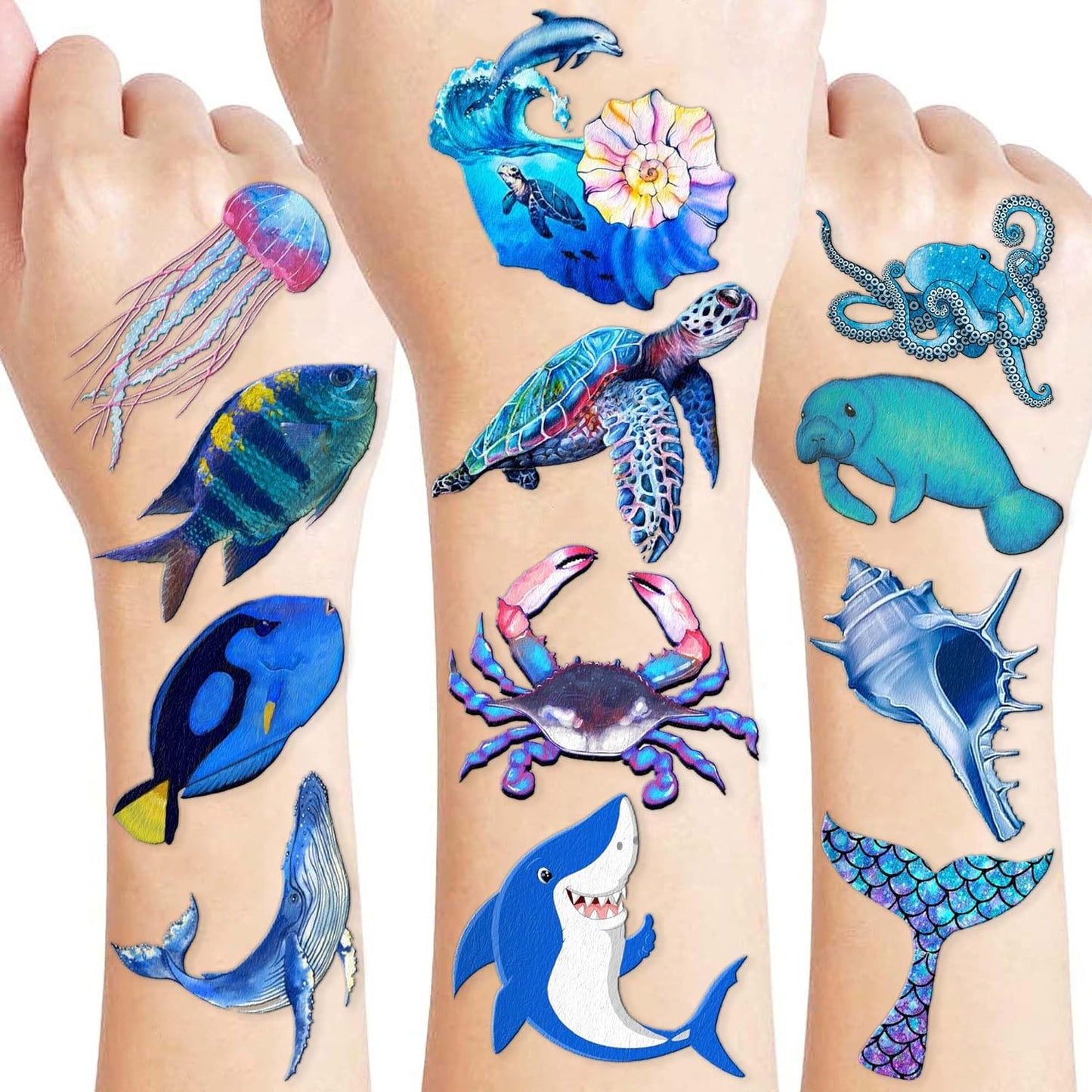 8 Sheets (118PCS) Ocean Temporary Tattoos Themed Under The Sea Animal Creature Birthday Party Decorations Favors Supplies Decor Tattoo Stickers For Women Kids Baby Shower