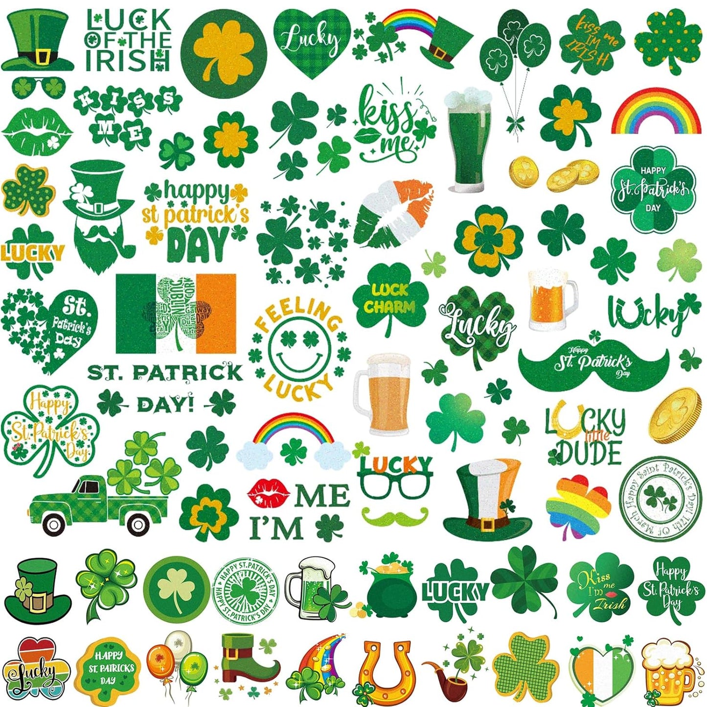23 Sheets Large Glitter St. Patrick's Day Tattoos Accessories, 100+ Pcs Glitter Lucky Clover Shamrock Temporary Tattoos, Glitter Body Jewelry Irish Parade Party Favors Decorations