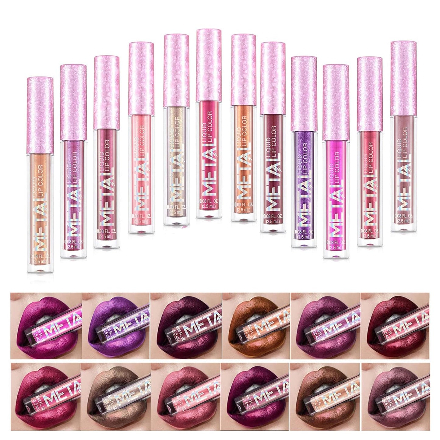 12PCS Long Lasting Metallic Glitter Liquid Lipstick Collection, Shimmer Waterproof Lip Stick Set Pigmented Lip Makeup for Women and Girls