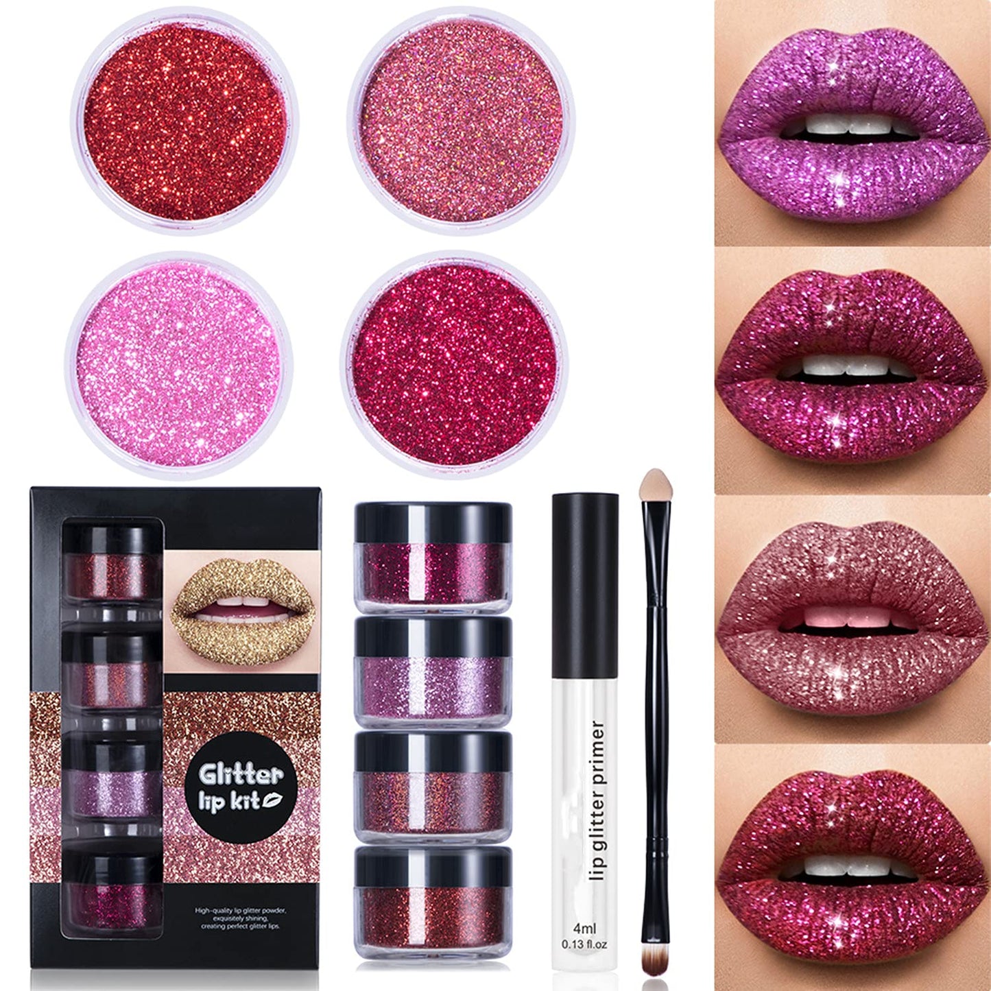 MAEPEOR Glitter Lip Kit 4 Colors Diamond Metallic Shimmer Lip Powder with Primer and Brush for Lips Nails Art (Pink Red)