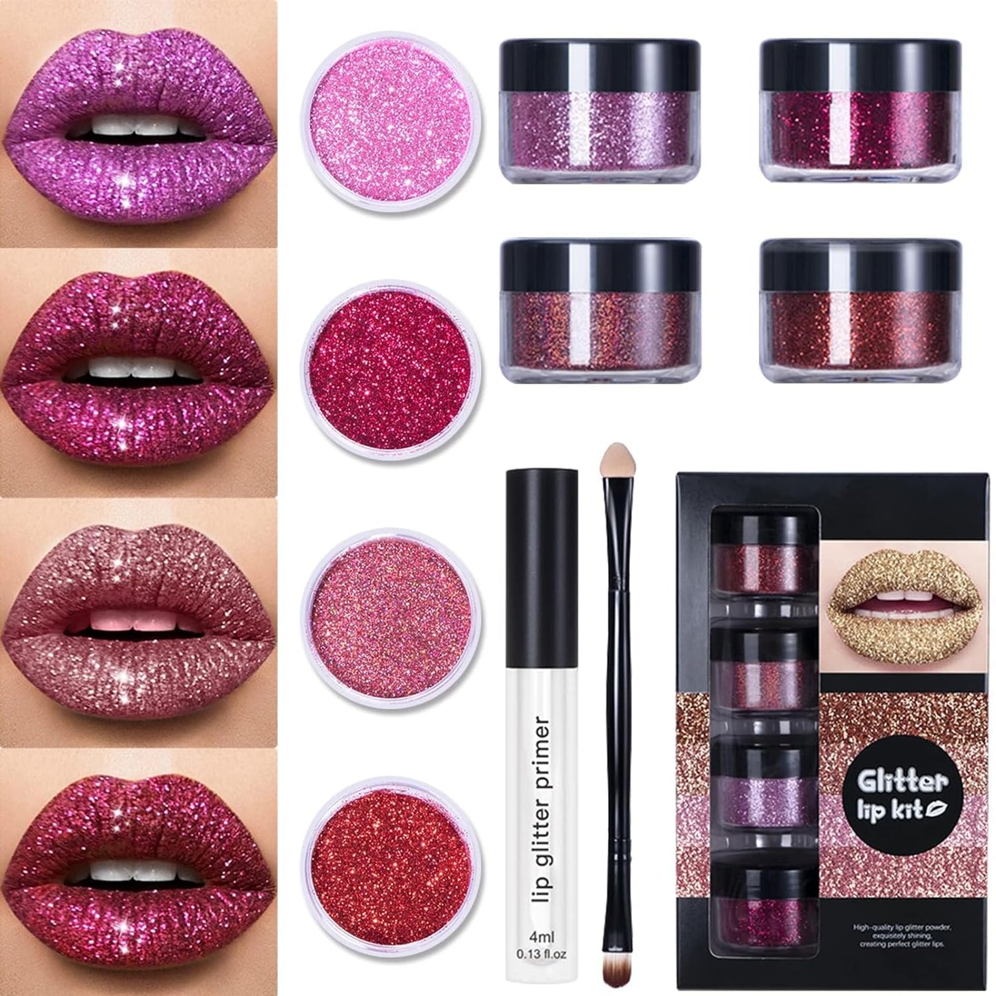 Kawaii Kisses Glitter Lip Kit, Glitter Lips Makeup with Lip Primer and Brush, 4 Colors Glitter Lip Kit Gloss, Waterproof Smudge Proof (Style-A)