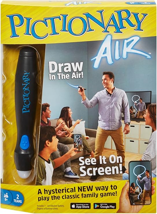 Mattel Games Pictionary Air - Family Drawing Board Game That Links to Smart Devices - Record & Share Drawings with App - Light-Up Pen & Clue Cards - Gift for Kids 8+, GJG17