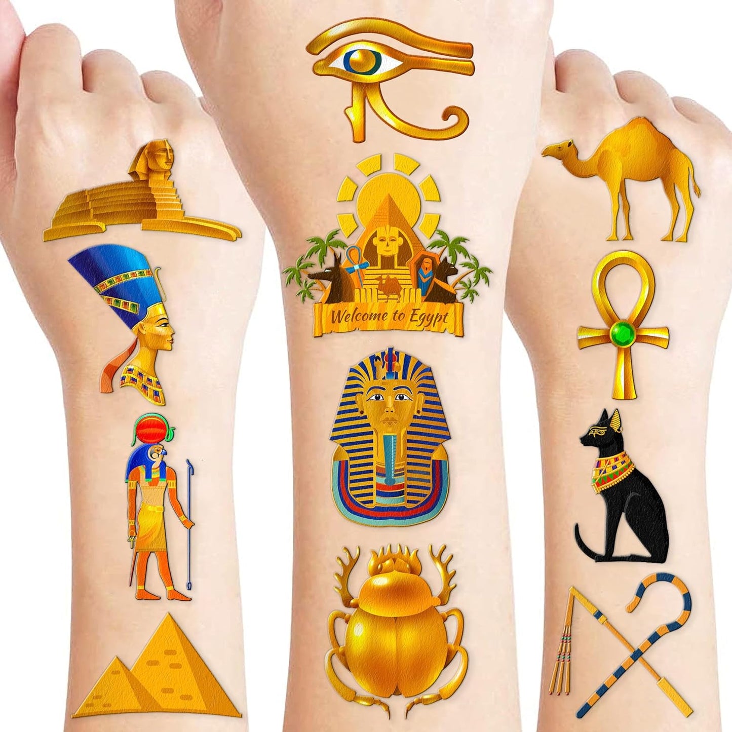 91PCS Ancient Egypt Egyptian Temporary Tattoos Theme Birthday Party Decorations Favors Supplies Decor Pharaoh Sphinx Pyramid Tattoo Stickers Gifts For Kids Adults Boys Girls School Prizes Carnival