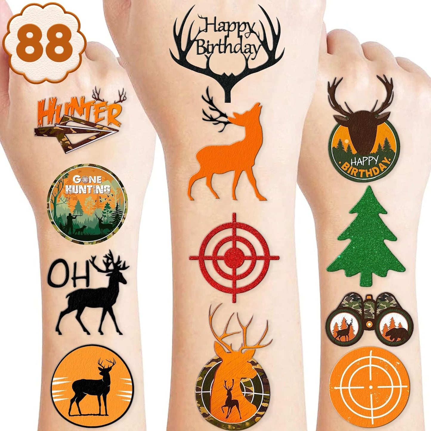 Gone Hunting Temporary Tattoos 88 PCS Oh Deer Hunter Camo Party Decorations Favors Supplies Fishing Theme Birthday Cute Tattoo Stickers Christmas Gifts for Boys Girls Kids Class School Prizes Carnival
