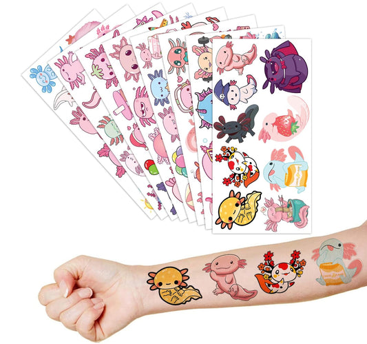 Axolotl Temporary Tattoos Stickers - 8 Sheets 74pcs | Super Cute Party Favors for Kids | Ideal Birthday Party Decorations and Classroom Prizes Safe and Fun Fake Tattoos | Perfect Gifts for Boys Girls