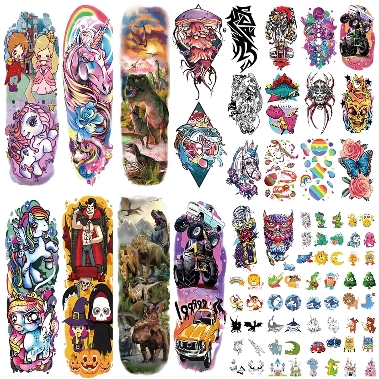 SOOVSY Temporary Tattoo for Kids, 80 Styles Fake Tattoos, Full Arm Half Arm Sleeve Stickers with Cute Unicorn Dinosaur Owl Truck Skull for Boys Girls Birthday Party Supplies Party Favor (52 Sheets)