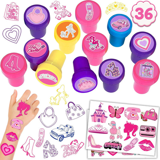 36Pcs Pink Party Favors 24Pcs Tattoos 12Pcs Stamp Set Hot Pink Themed Birthday Party Decorations Supplies Classroom Coloring Gifts Cute for Rewardz Girls Baby Shower Gifts Ideals Prizes