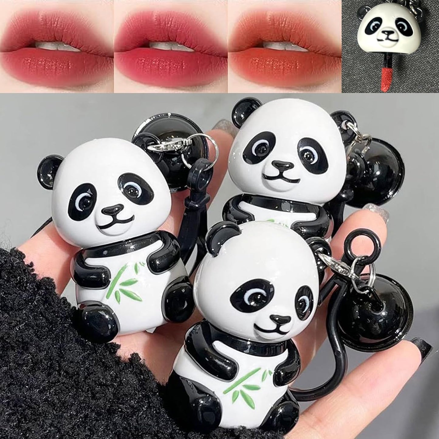 3pcs Cute Lipstick, Panda Velvet Matte Lipstick Bell Pendant Decorations Lip Gloss Model Kits Lip Makeup Party Gift for Girls Women
