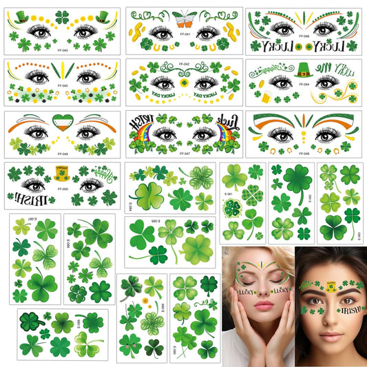 16 Sheets St Patrick's Day Face Tattoo Temporary Shamrock Tattoo Stickers Kit St Patrick's Day Accessories for Women Girls Makeup Costume Parade Party School