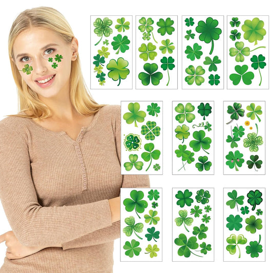 10 Sheets St. Patrick's Day Shamrock Temporary Tattoos Stickers for Kids Women Men Body Face Irish Party Decor Accessories