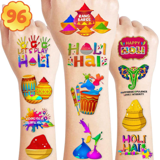 96 PCS Indian Holi Hai Festival Temporary Tattoos Stickers Theme Birthday Party Decorations Favors Supplies Decor Funny Colorful Colors Pichkari Tattoo Sticker Gifts For Kids Boys Girls School Prizes