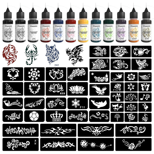Temporary Tattoo Kit12 Bottles Color Temporary Tattoo Ink,49 Big Pcs Stencils Kit for Body Paint DIY Fake Tattoos for Kids(Black*2,Red,Green,Blue,Pink,Grey,Navy,Yellow,Purple,Brown,Orange)