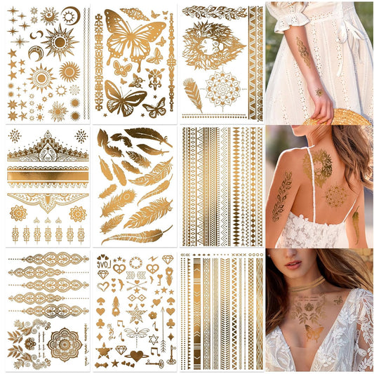 DPKOW 9 Sheets Gold Temporary tattoos, Gold Tattoos Temporary Metallic Tattoos Moon Star Butterfly Glitter Tattoos Festival Tattoos Flash Fake Waterproof Tattoo Stickers for Women Girls Body Art