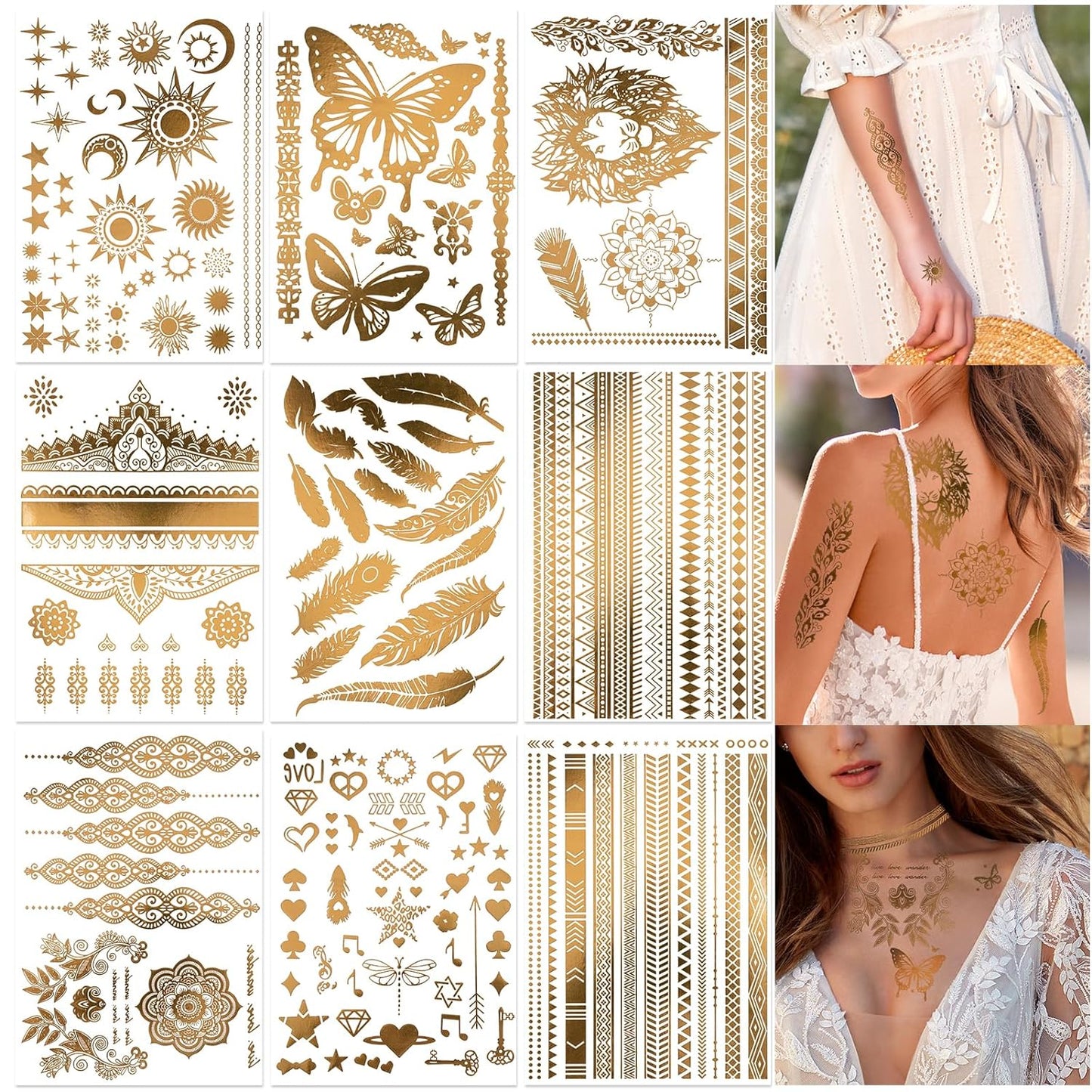 DPKOW 9 Sheets Gold Temporary tattoos, Gold Tattoos Temporary Metallic Tattoos Moon Star Butterfly Glitter Tattoos Festival Tattoos Flash Fake Waterproof Tattoo Stickers for Women Girls Body Art