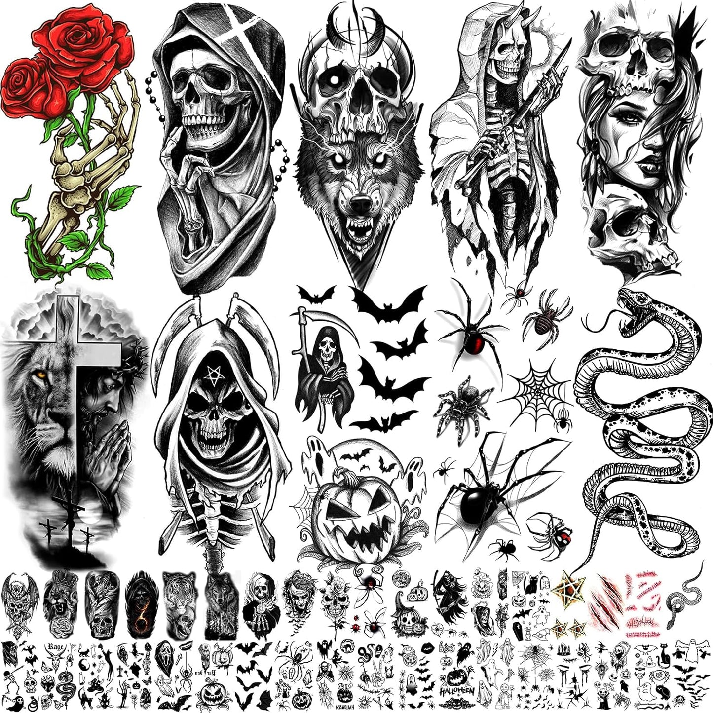 52 Sheets Black Temporary Tattoos for Kids Men and Women, Include 10 Sheets Large Half Arm Sleeve Fake Tattoos, 200+ PCS Spider Scorpion Snake Tiger Lion Skull Bat Vampire Scar Fake Tattoo Sticker