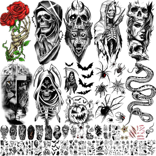 52 Sheets Black Temporary Tattoos for Kids Men and Women, Include 10 Sheets Large Half Arm Sleeve Fake Tattoos, 200+ PCS Spider Scorpion Snake Tiger Lion Skull Bat Vampire Scar Fake Tattoo Sticker
