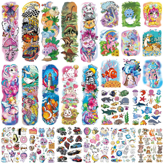 380 Styles (27 Sheets) Temporary Tattoo for kids-Full & Half Arm Tattoos Sleeves for Girls Boys Marine Life Space Racing Car Unicorn Animals Dinosaur Cartoon Tattoos Stickers for Kids