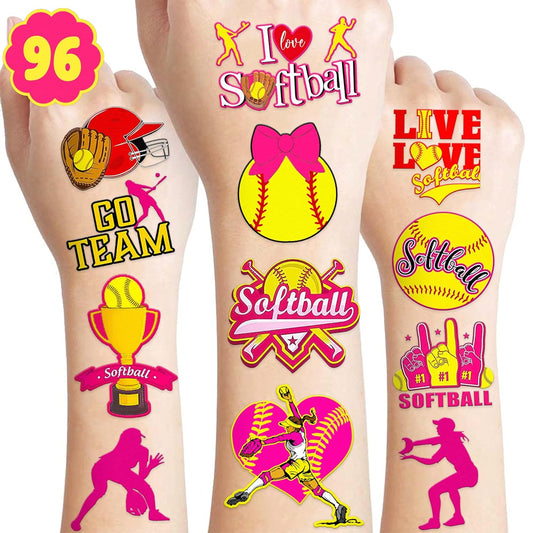 8 Sheets (96PCS) Softball Temporary Tattoos Sports Themed Birthday Party Decorations Favors Supplies Decor Stickers For Girls Boys Kids Gifts Classroom School Prizes Rewards
