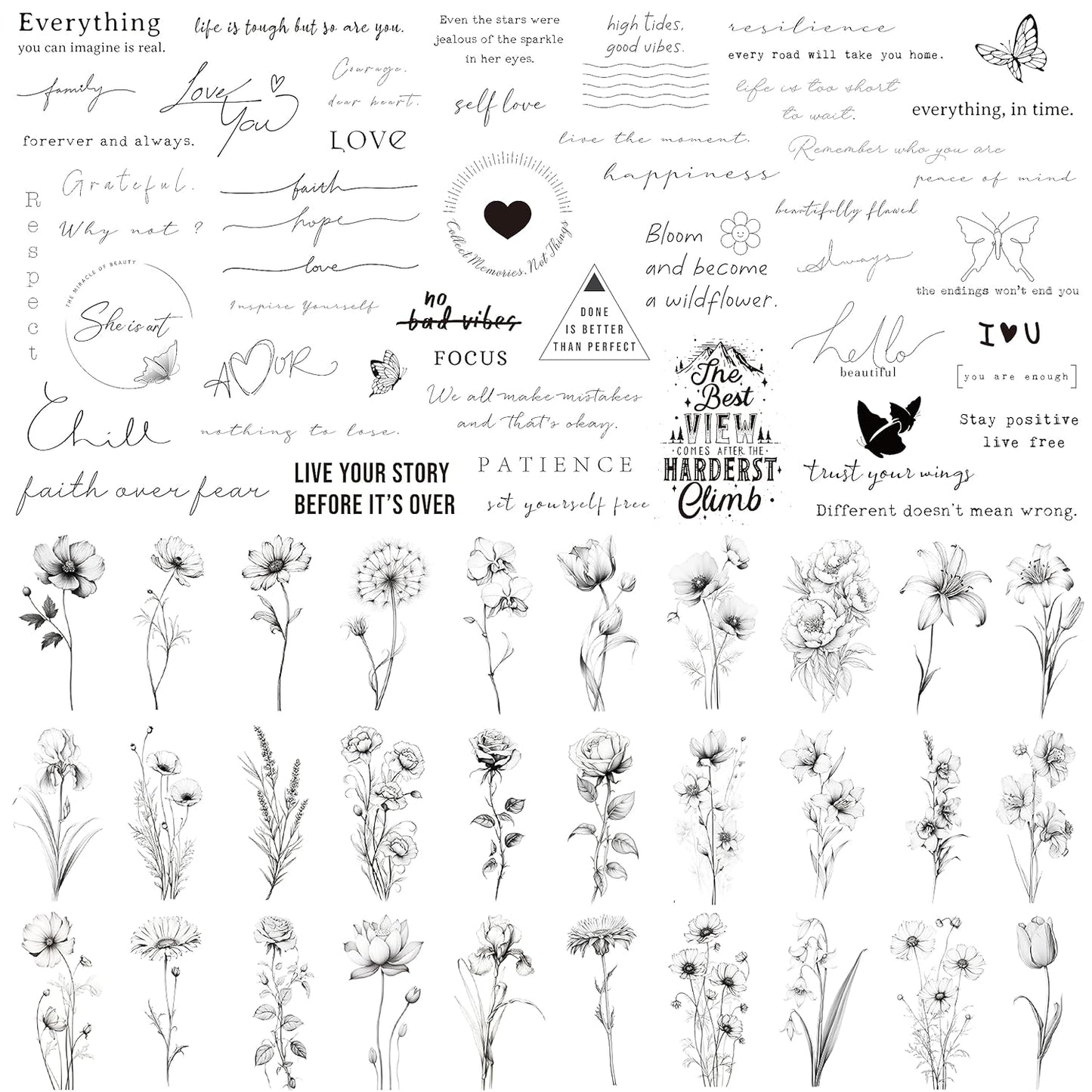 Realistic Temporary Tattoos - 60 Sheets Small Fake Tattoos, 30 Pcs Meaningful Scripts Words Tattoos, 30 Pcs Line Art Wild Flower Nature Tattoo Stickers for Women and Men