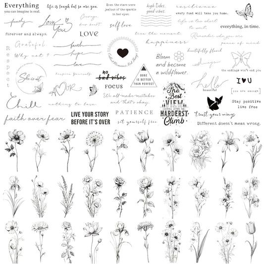 Realistic Temporary Tattoos - 60 Sheets Small Fake Tattoos, 30 Pcs Meaningful Scripts Words Tattoos, 30 Pcs Line Art Wild Flower Nature Tattoo Stickers for Women and Men
