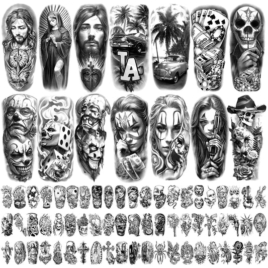 77 Sheets Large Chicano Temporary Tattoos, Chicana Guadalupe Gangster Fake Tattoos Prisoner Day of the Dead, Lowrider Style Culture Mexico Chicano Clown Tattoo Stickers for Men Women Adult