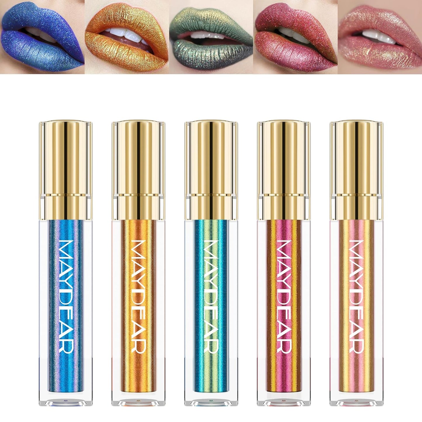 Maydear Chameleon Lipstick for Women, Multichrome Lip Stick Set Color Changing Blue Gold Green Pink Lipstick Makeup Kit Long Lasting Metallic Lip Gloss for Girls