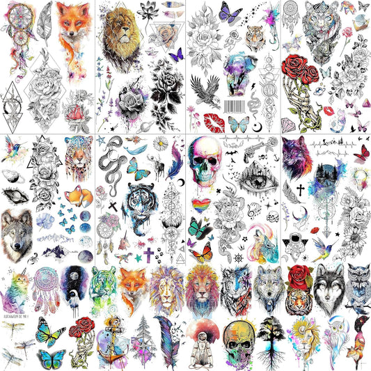 32 Sheets 96+ PCS Watercolor Animals Fox Tiger Lion Temporary Tattoos For Women Men Adult, Skeleton Fake Tattoos That Look Real And Last Long, Space Temp Rose Flower Tattoo Snake Wolf Kids