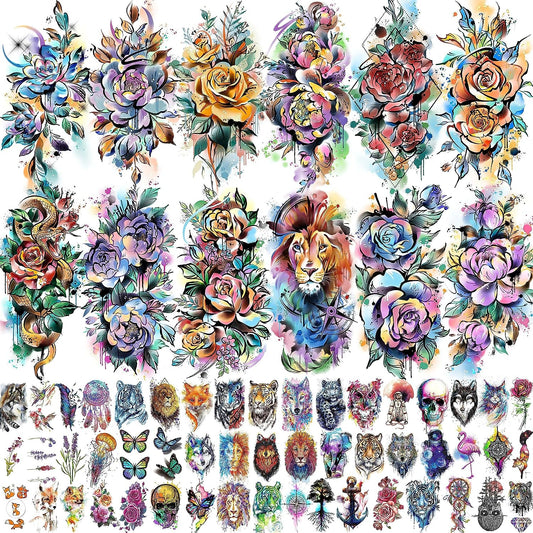 63 Sheets 3D Watercolor Rose Temporary Tattoos For Women Arm Girls Adults, Water Color Peony Flower Tattoo Sticker, Bulk Temp Fake Long Lasting Tattoo Colorful Floral Moon Snake Lion Wolf Tiger