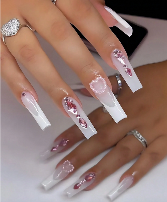 Milky White French with Pink Rhinestones