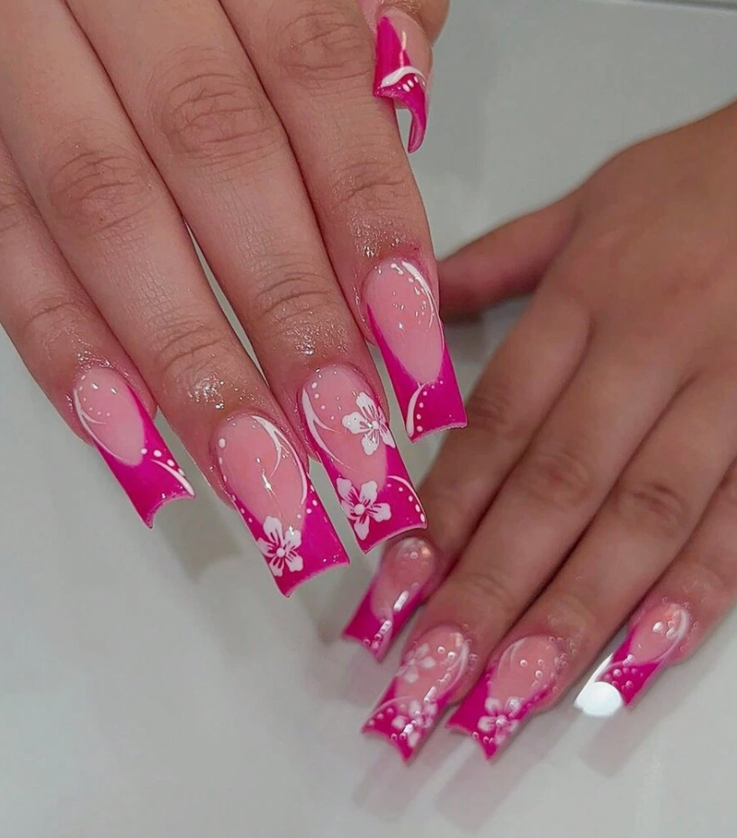 Pink French Long Square Hawaiian Press On Nails
