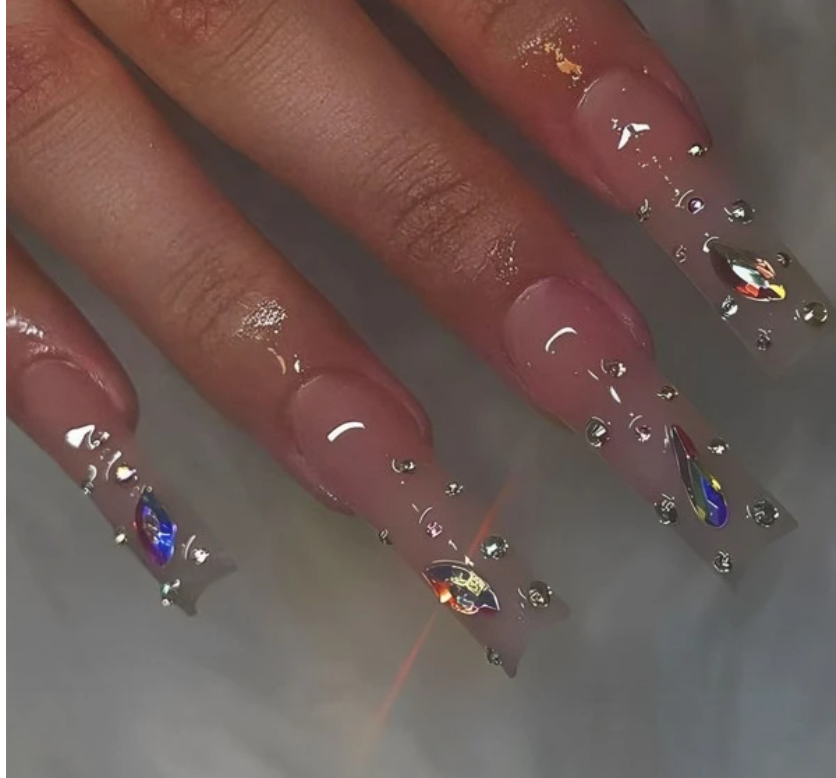 Nude Rhinestone Spotted Press On Nails